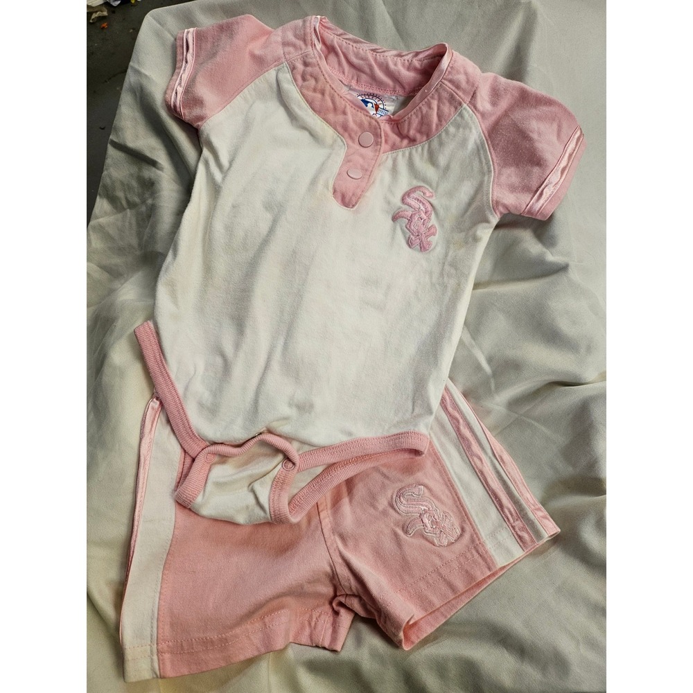 Vintage MLB Chicago White Sox Baby Girl Bodysuit and Shorts Set Pink White 12M